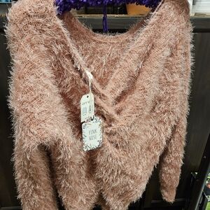 Pink Rose Women's Fuzzy V-Neck Sweater - Pink